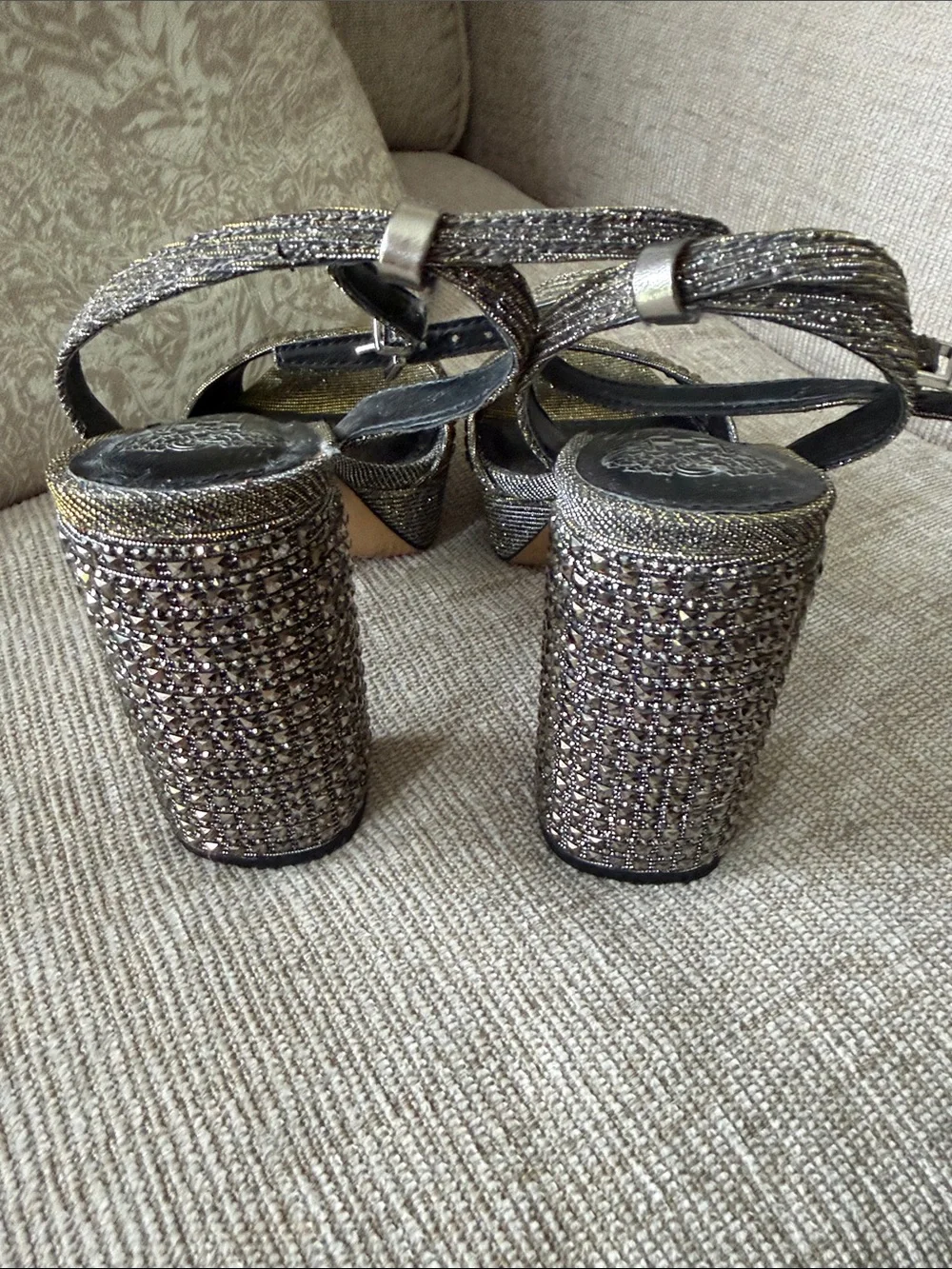 Vince Camuto Black Glitter Ankle-Strap Platform Block Heel Sandals